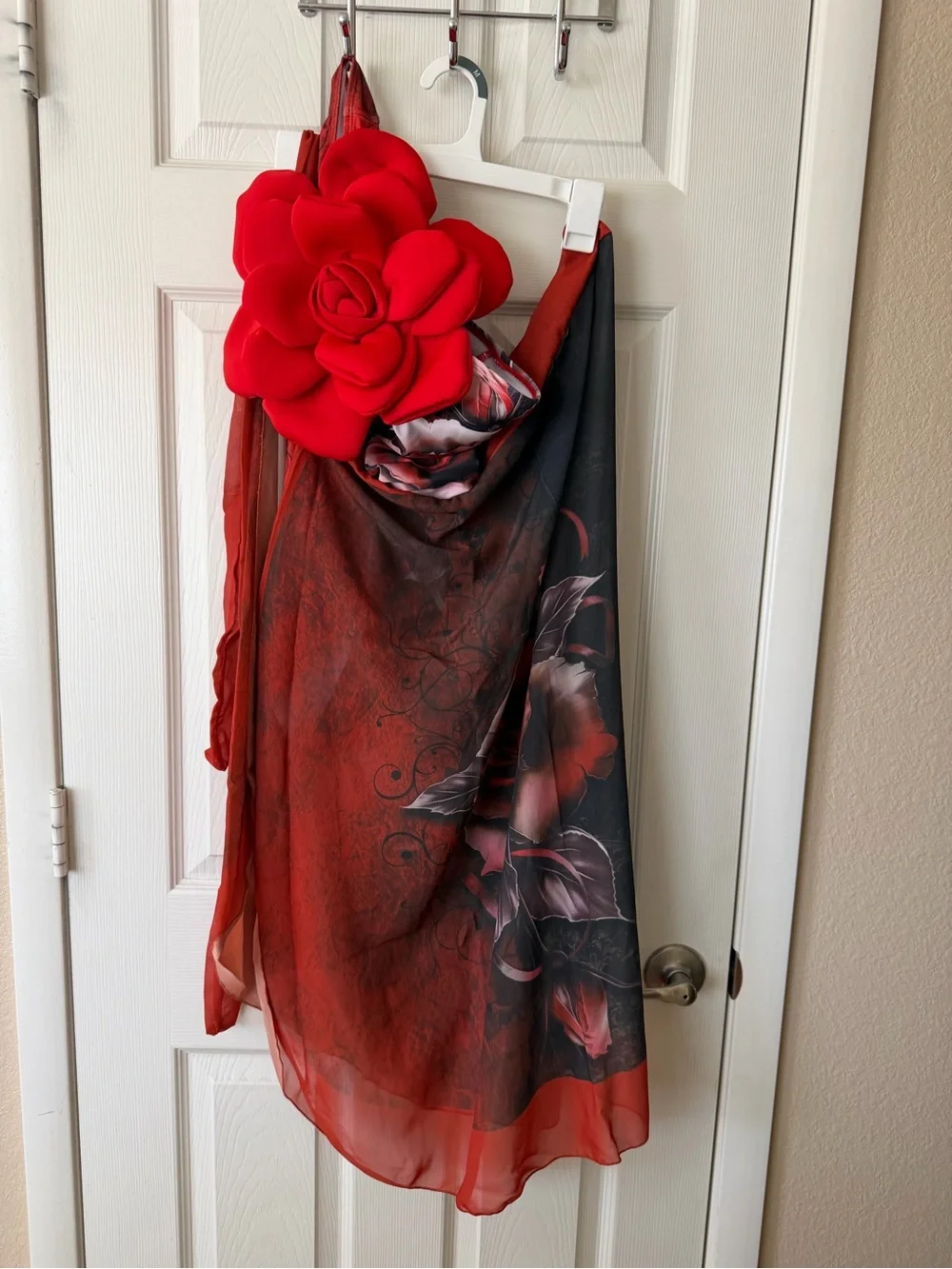 Red Floral One-Piece Swimsuit w/3D Flower Accent & Sarong